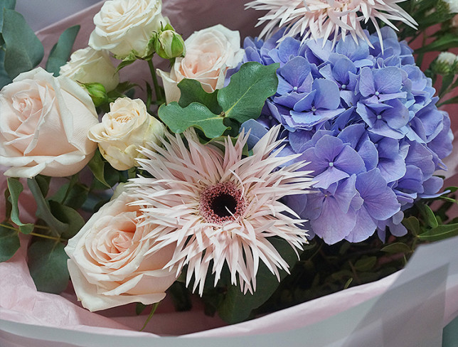 Bouquet with Gerbera and Hydrangea "Light Breeze" photo